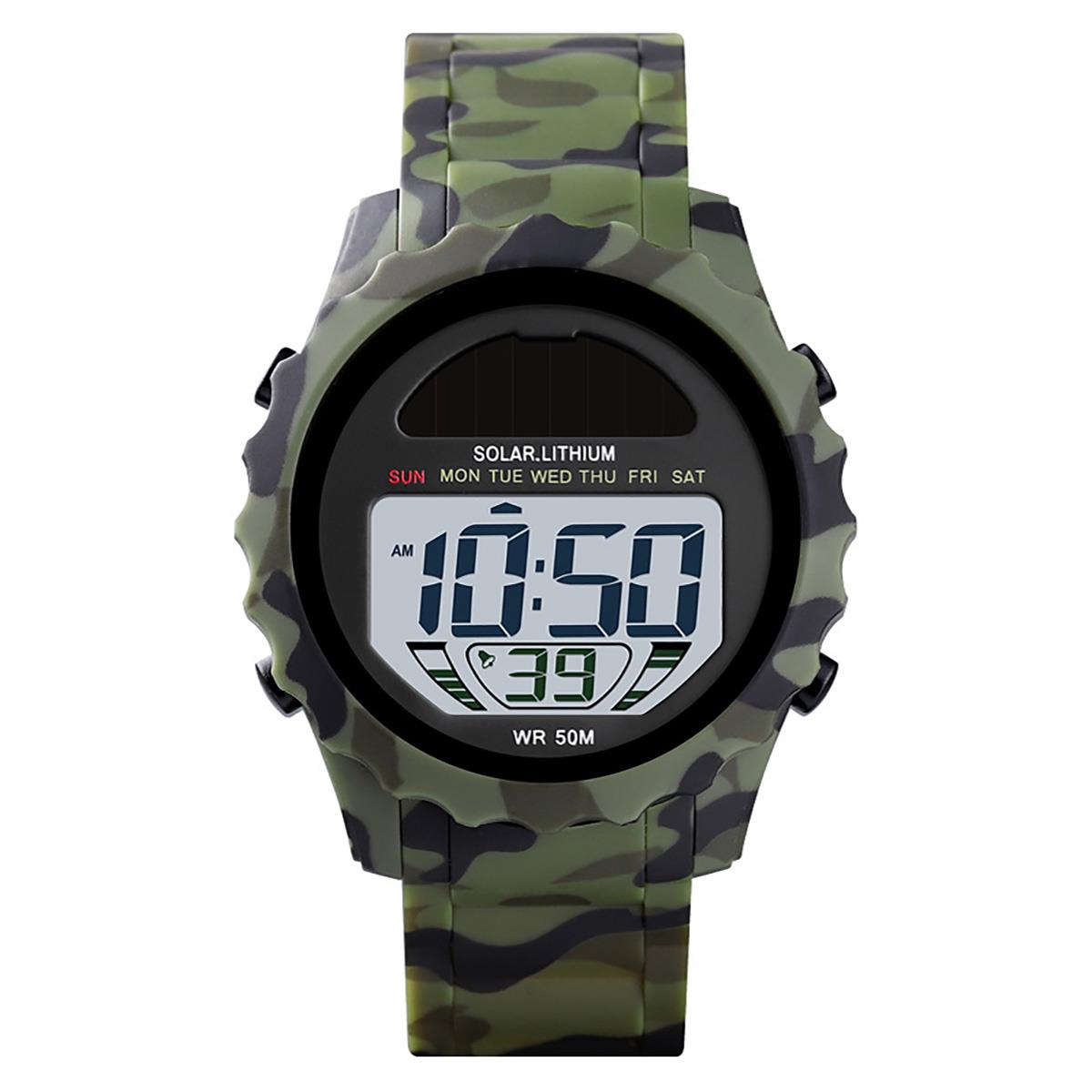 Skmei Mens Solar Powered Digital Watch ResinStrap Alarm Stopwatch Camo Green Light