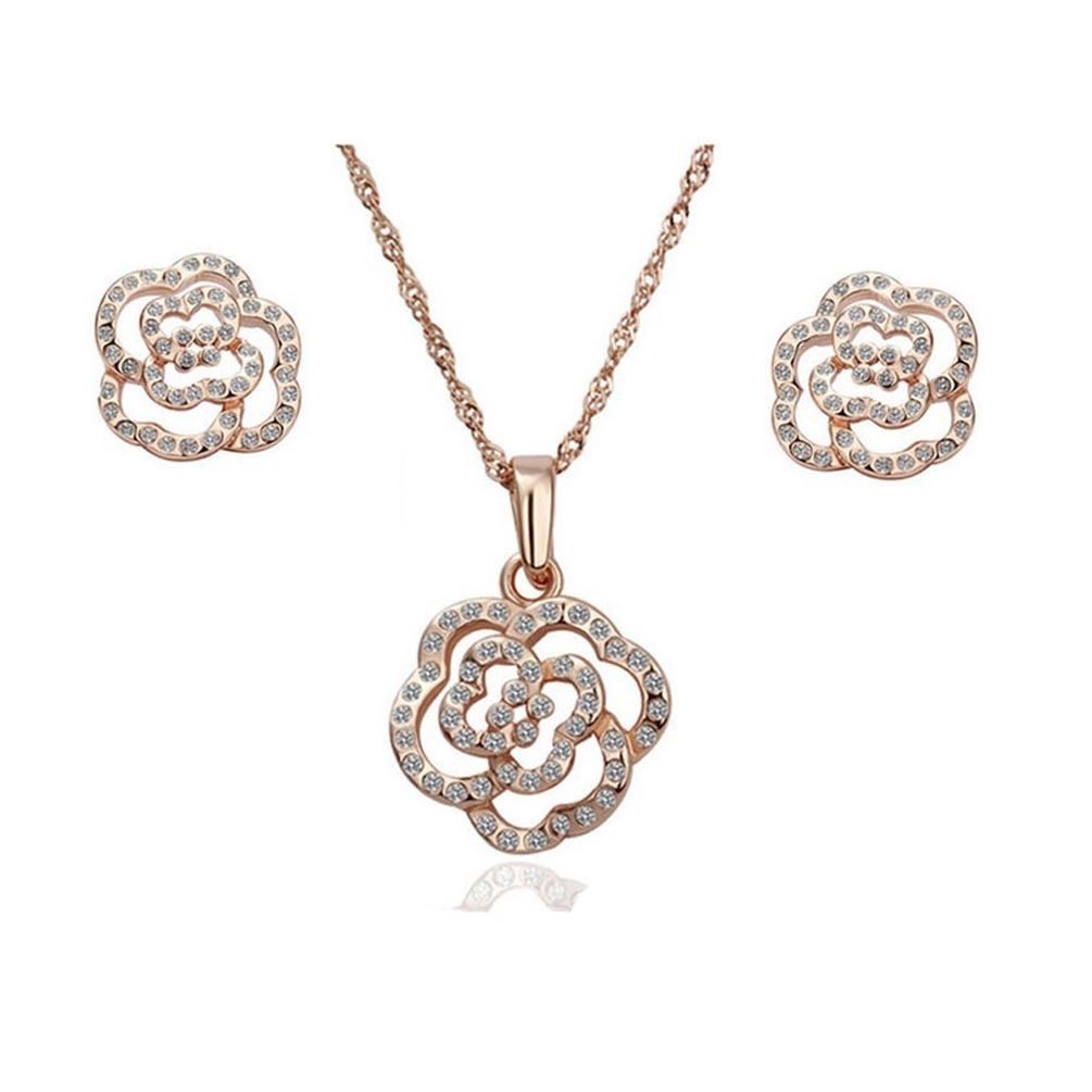 Rose Gold Cubic Zirconia Flower Jewellery Set Studs Earrings & Necklace Ladies Gift from Charles William