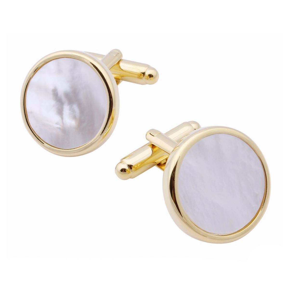 Charles William Thin Classic Gold Tone Circular Cufflinks With Mother Of Pearl Stone Wedding Business