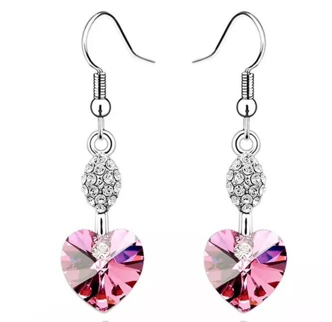 Heart Shaped Dangle Light Pink Earrings Fashion Women Crystal Rhinestone Charm UK Seller