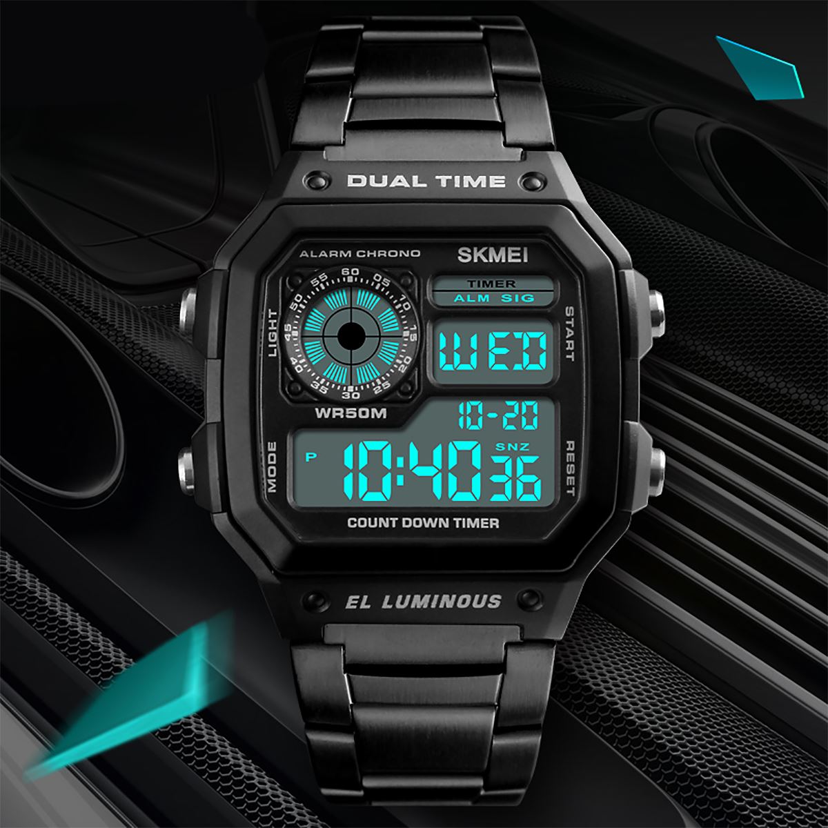 Skmei Black Smart Mens Digital Watch Clear Display Stainless Steel Strap Date Alarm Stopwatch DG1335S