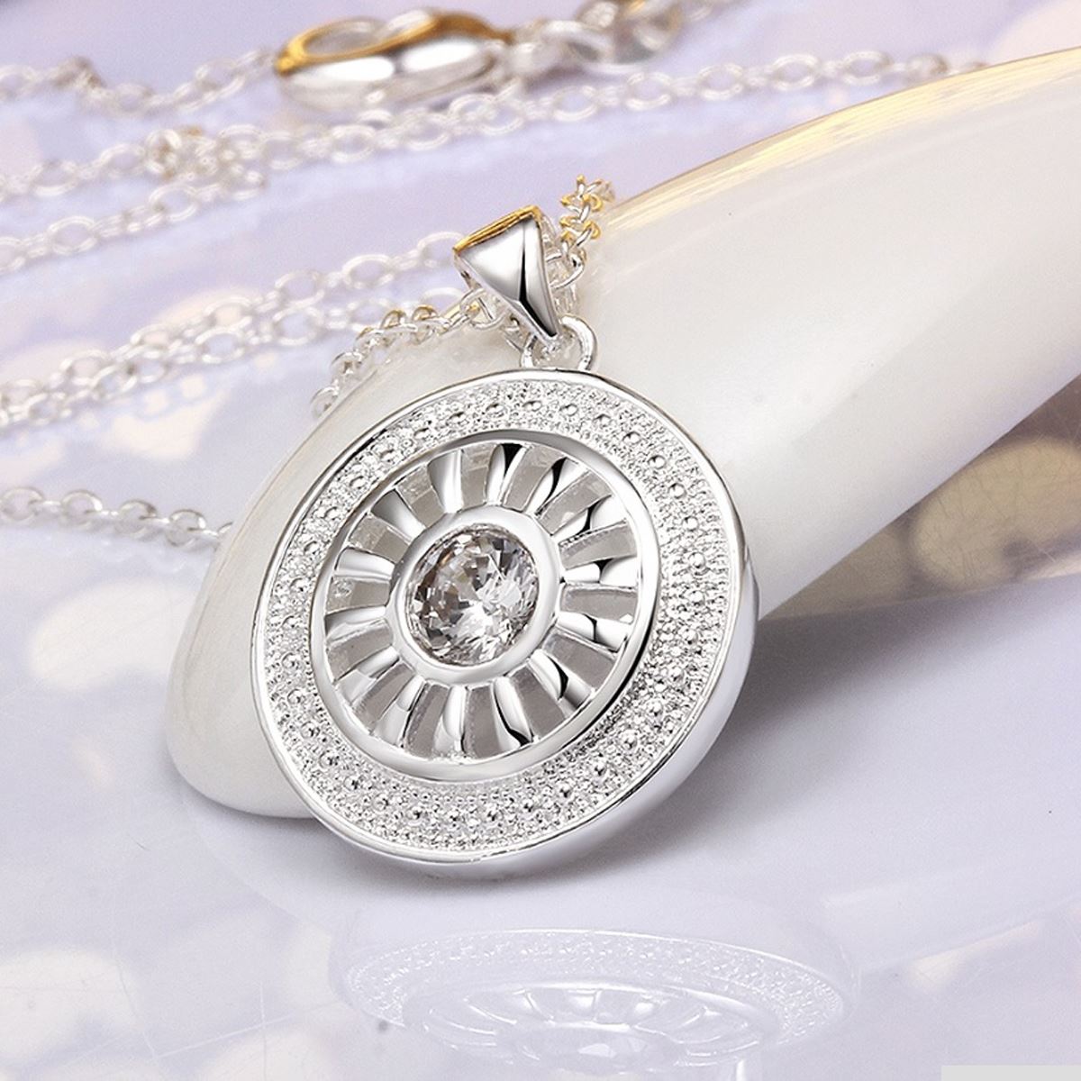 Ladies Women's Silver Plated Circular Necklace Pendant With Central Crystal Stone UK Seller