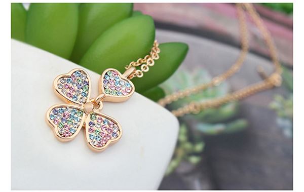 Gold Four Leaf Clover Pendant Necklace Encrusted Colourful Crystal Stones Women's