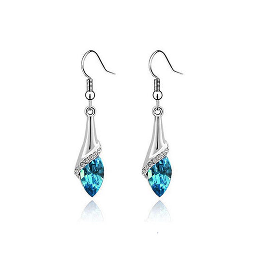 Women's Girls Sky Blue Stone Leaf Fold Drop Earrings Crystal Stone Gift UK Seller