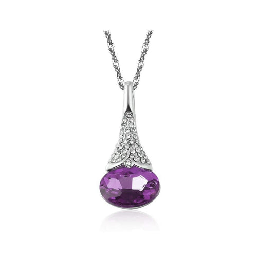 Women's Dark Purple Flower Bud Pendant Necklace With Encrusted Crystal Stones UK Seller