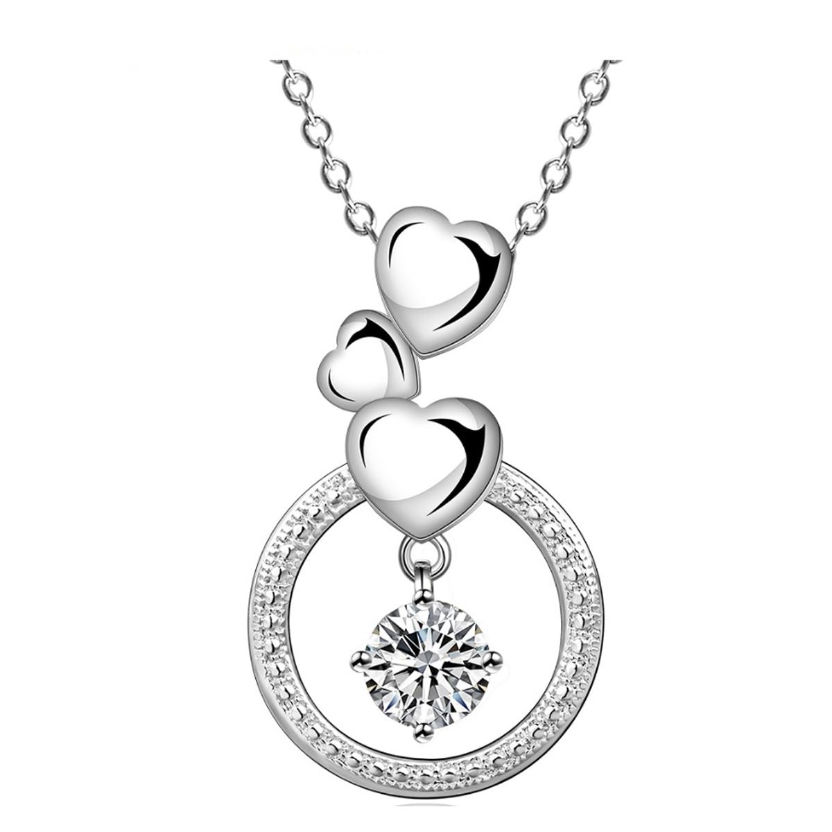 Women's Ladies Silver Plated Hearts Love Pendant Necklace With Circle & Crystal Stone Uk Seller