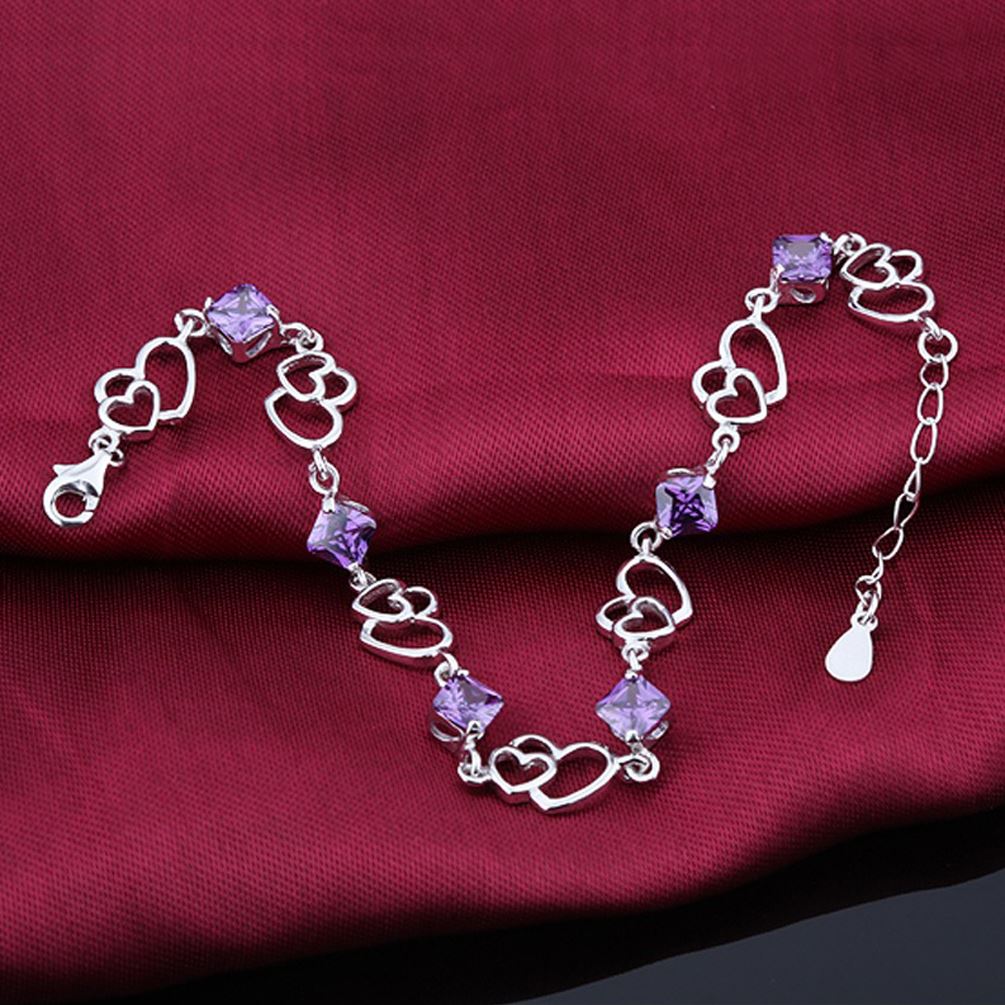 Women's Girls Charm Bracelet Silver Friendship Heart Purple Crystal Stone UK Seller