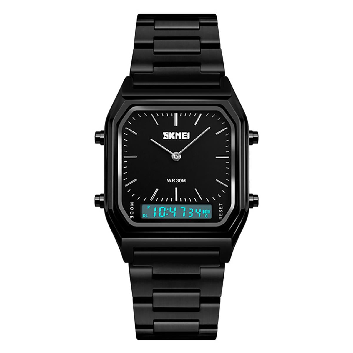 Skmei Mens Classic Retro Dual Time Digital Watch Alarm Metal Strap Date Black