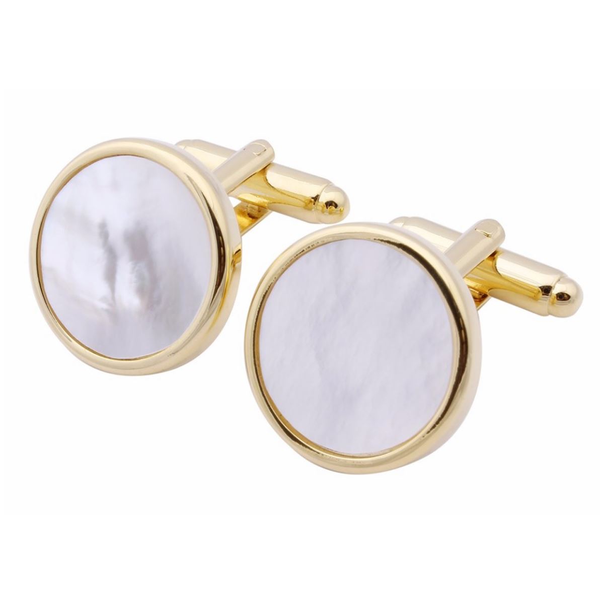 Charles William Thin Classic Gold Tone Circular Cufflinks With Mother Of Pearl Stone Wedding Business