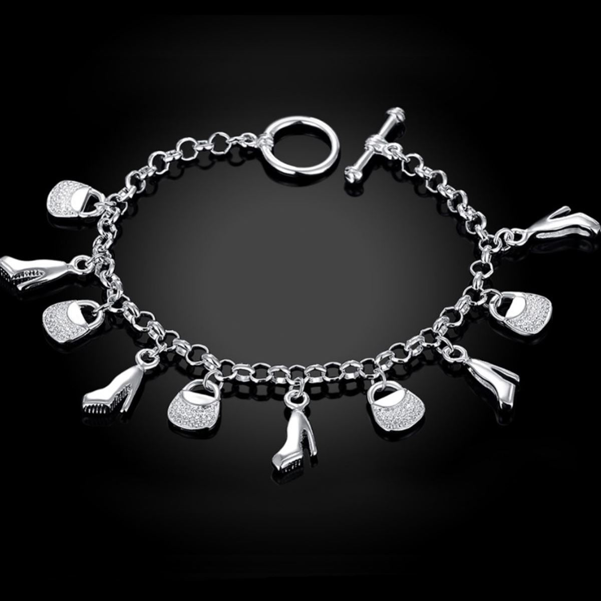 Ladies Women's Silver Plated Handbag & Shoes Shopping Charm Bracelet Christmas Gift UK