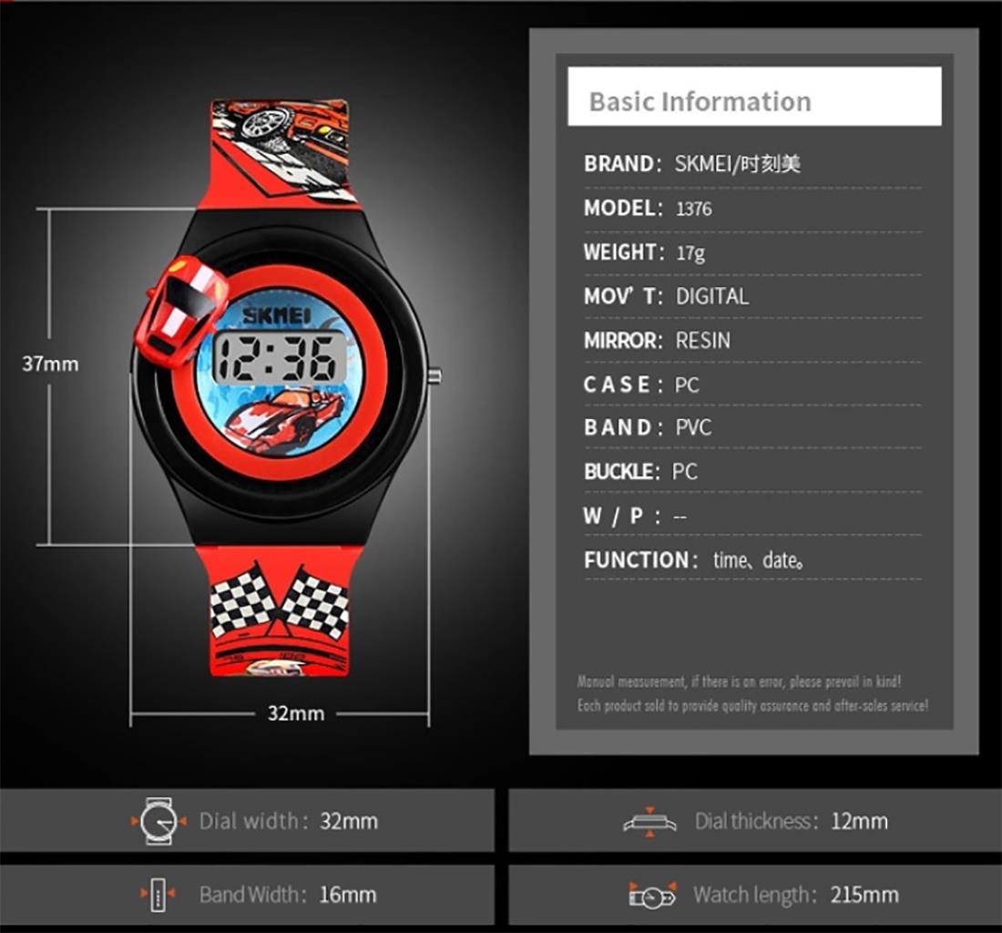 Skmei Childrens Kids Digital Watch Girls Boys Basic Simple Time And Date Revolving Car Red