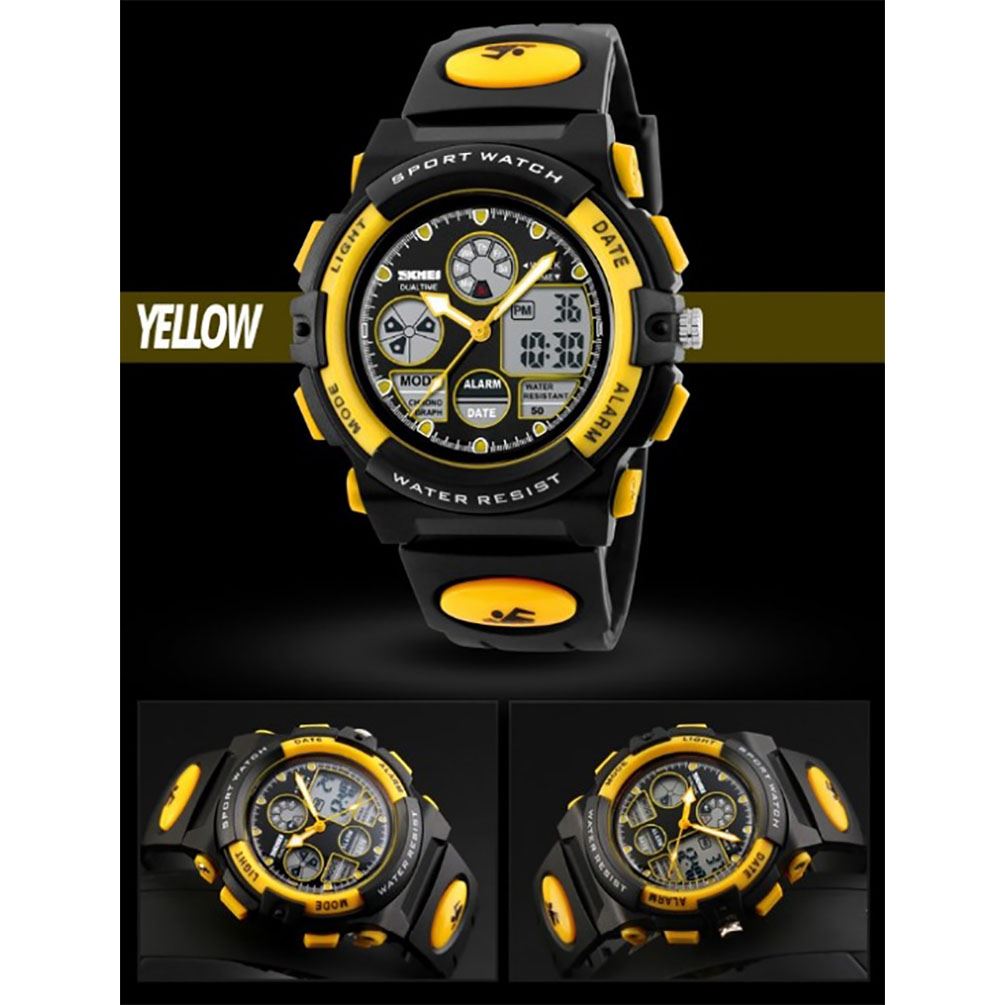 Skmei Black And Yellow Sports Kids Watch 50m Water Resistant Dual Time Display AD1163