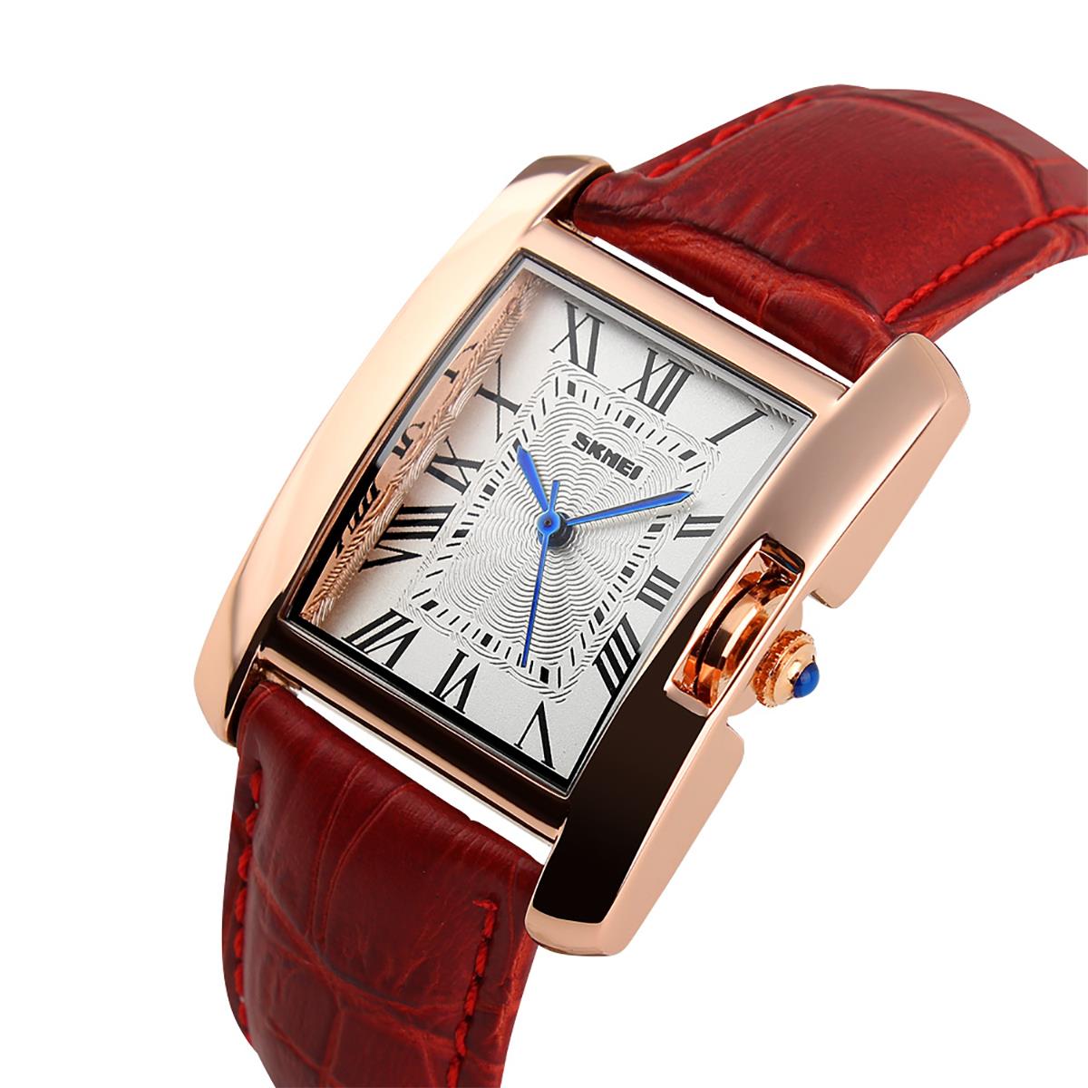 Skmei Beautiful Women's Ladies Watch Square Rose Gold Roman Numerals Genuine Leather Strap 1085R