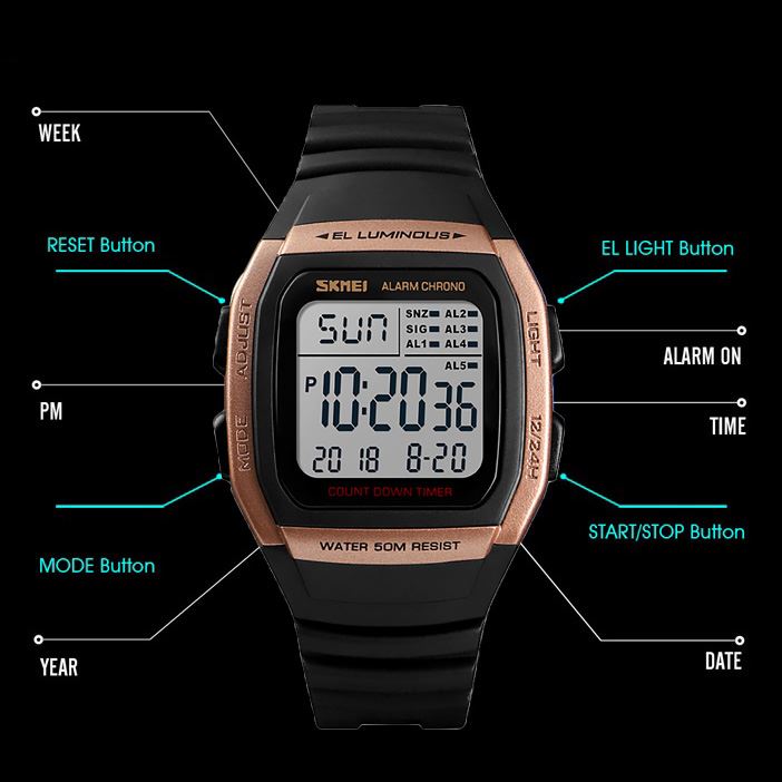 Skmei Mens Digital Clear Display Watch 5 Alarms Stopwatch Countdown Rose Gold