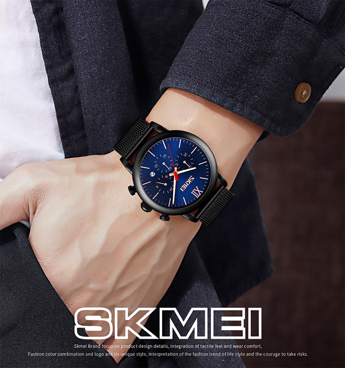 Skmei Mens Blue Chronograph Quartz Watch Mesh Metal Strap Date Display SK9023