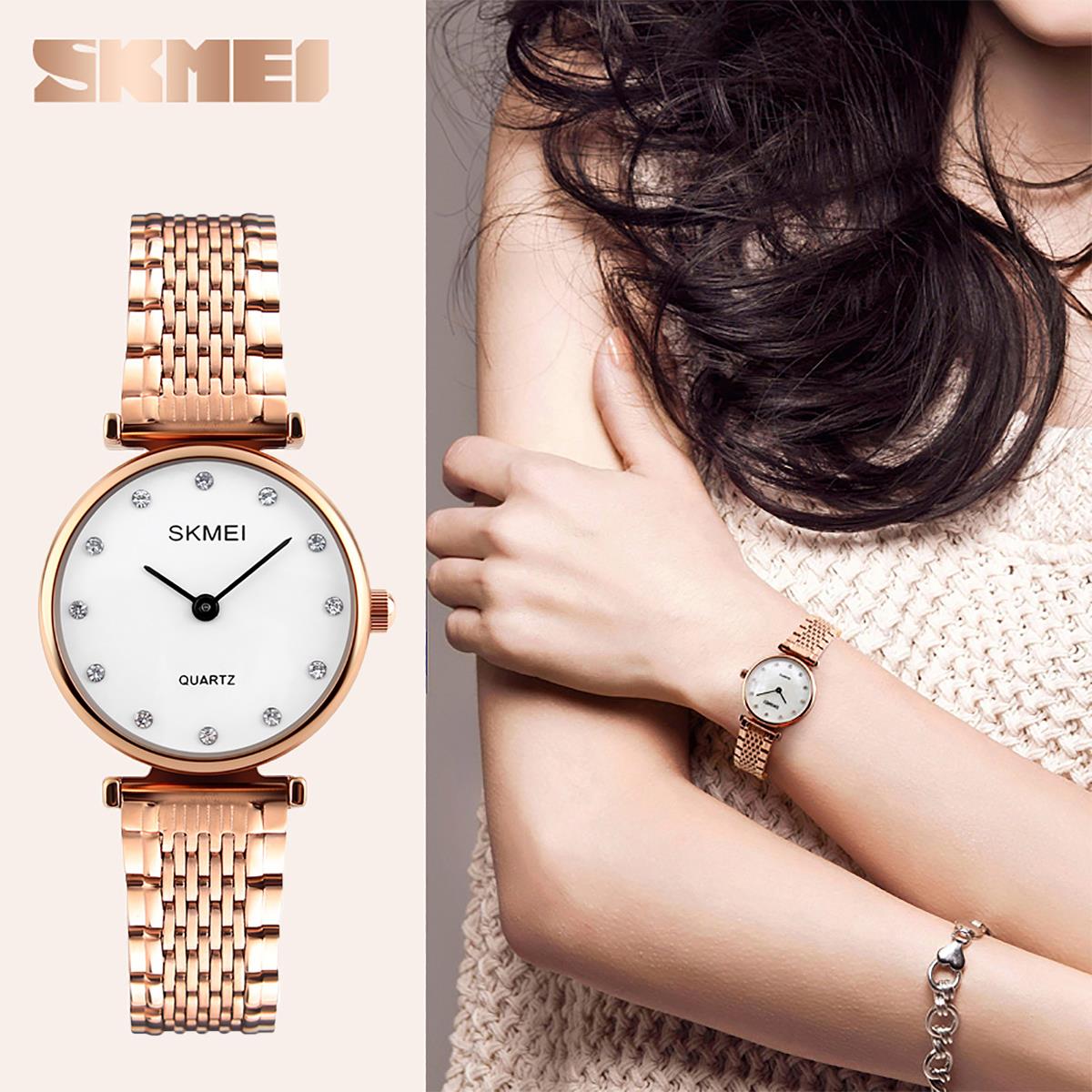 Skmei Women's Ladies Watch Rose Gold White Intricate Link Strap Crystal Stones SK1223