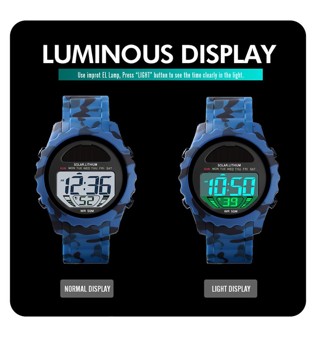 Skmei Mens Solar Powered Digital Watch ResinStrap Alarm Light Stopwatch Camo Blue