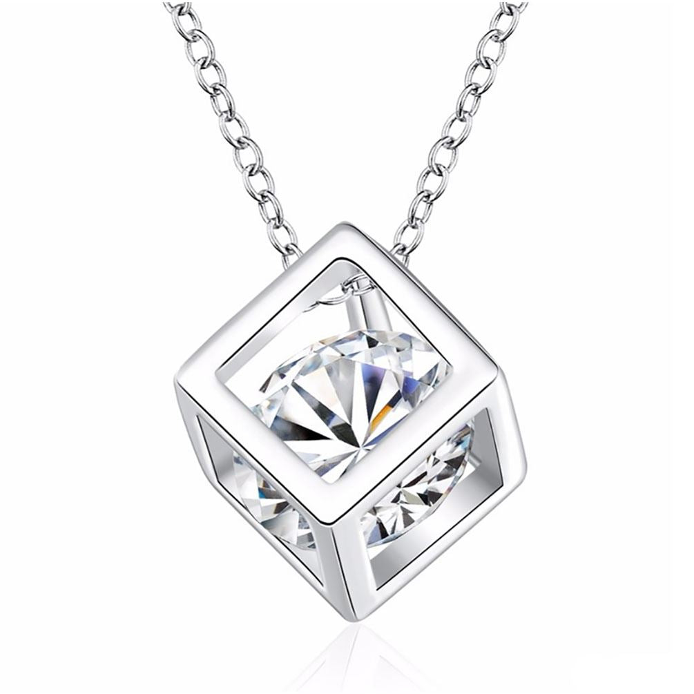 Women's Silver Cube Necklace & Earrings Set With Crystal Stone Unique Gift Stocking Filler UK