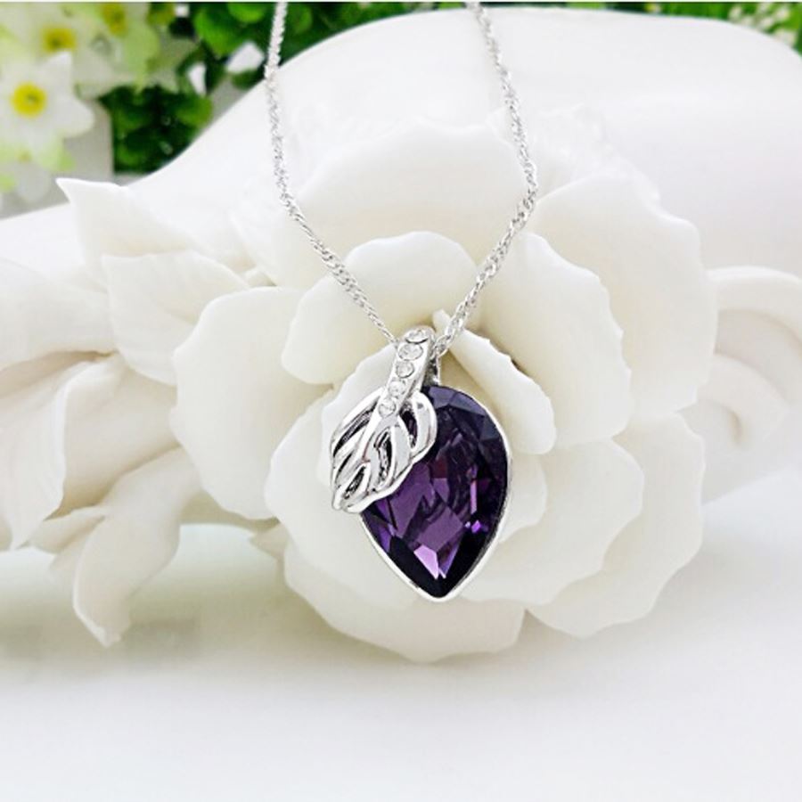 Gorgeous Ladies Pendant Necklace Fruit Leaf Purple Large Stone Silver Jewellery Gift