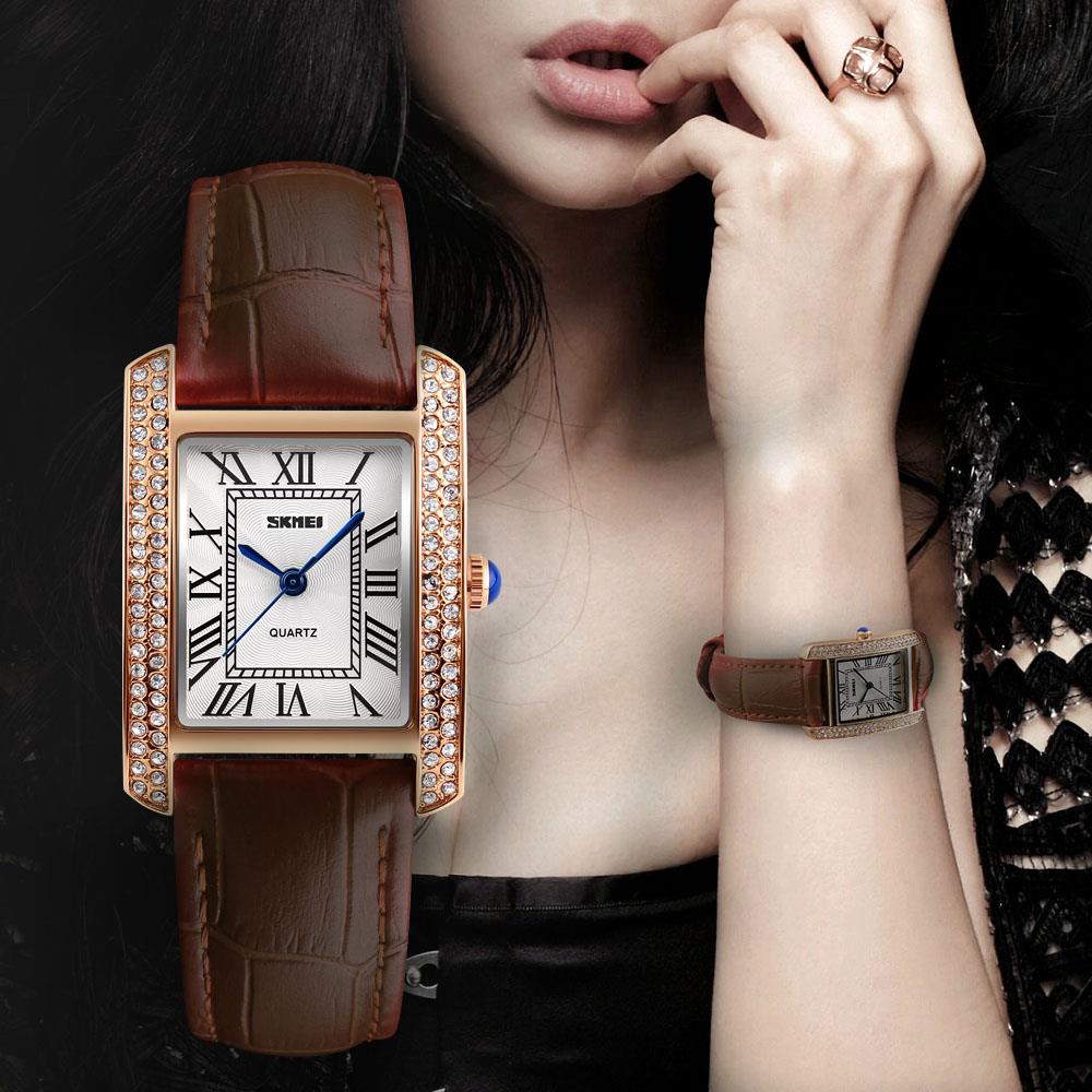 Skmei Women's Ladies Watch Classic Roman Genuine Leather Crystal Stones Brown Gold