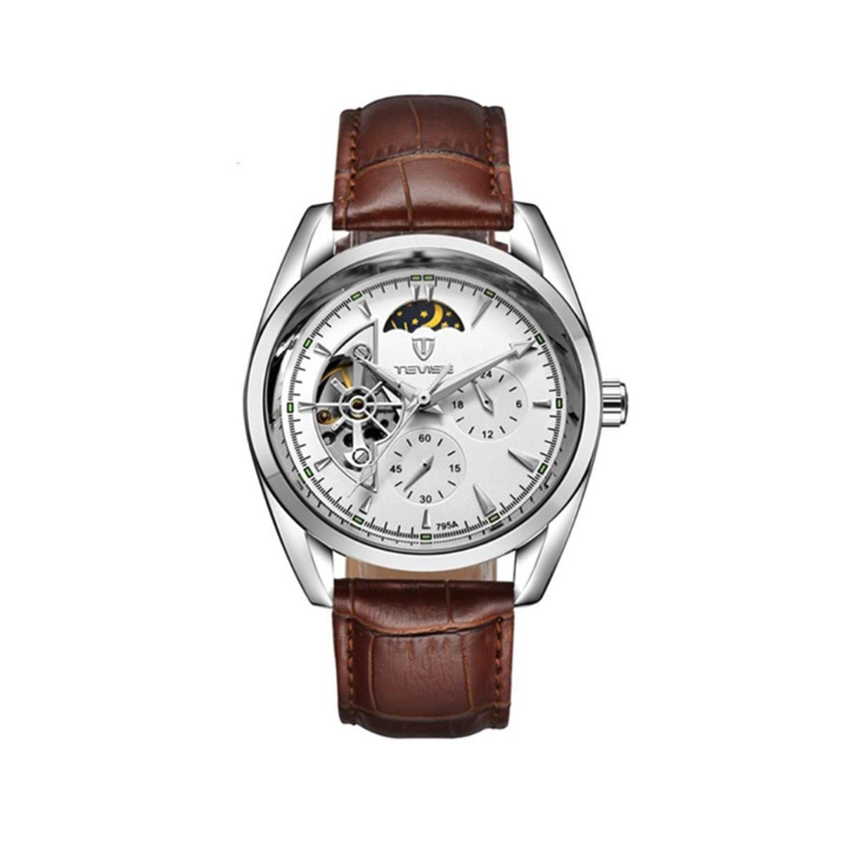 Tevise Mens Automatic Mechanical Watch White Silver Brown Moonphase T795