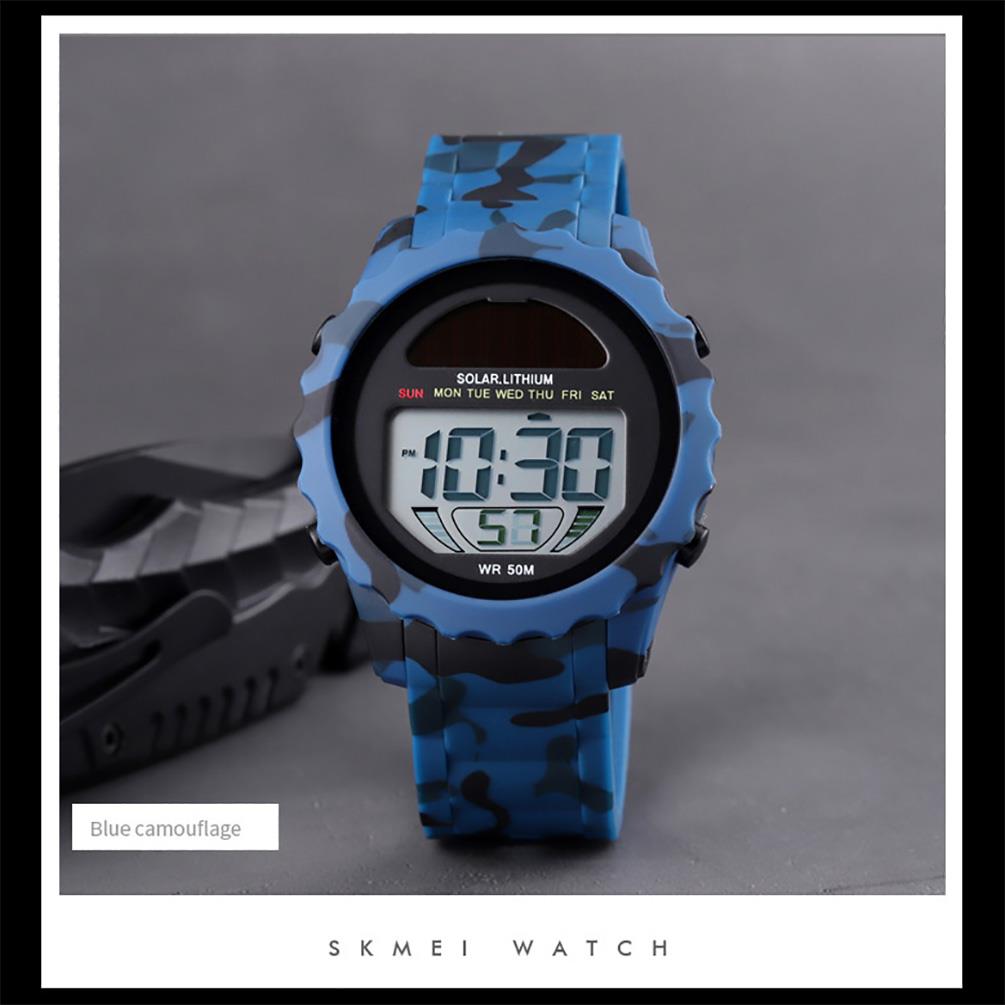 Skmei Mens Solar Powered Digital Watch ResinStrap Alarm Light Stopwatch Camo Blue