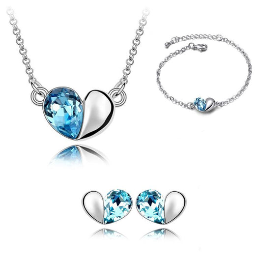 Sky Blue Designer Love Heart Themed Jewellery Necklace Bracelet & Earrings Set