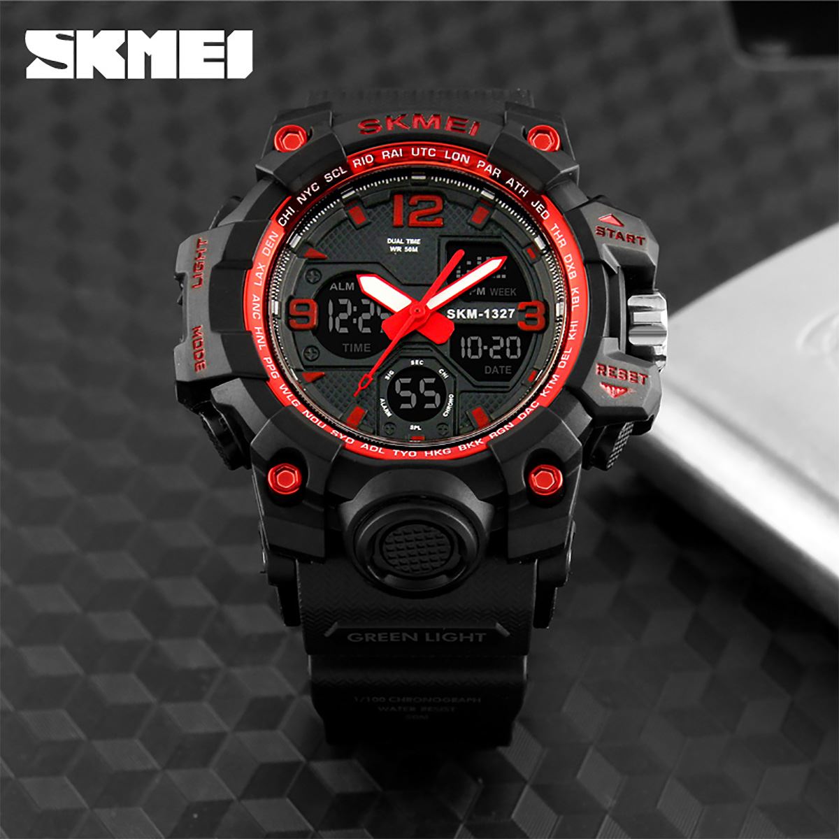 SKMEI Mens Large Dual Analogue And Digital Display Red Watch Resin Strap Stopwatch Alarm DG1327R