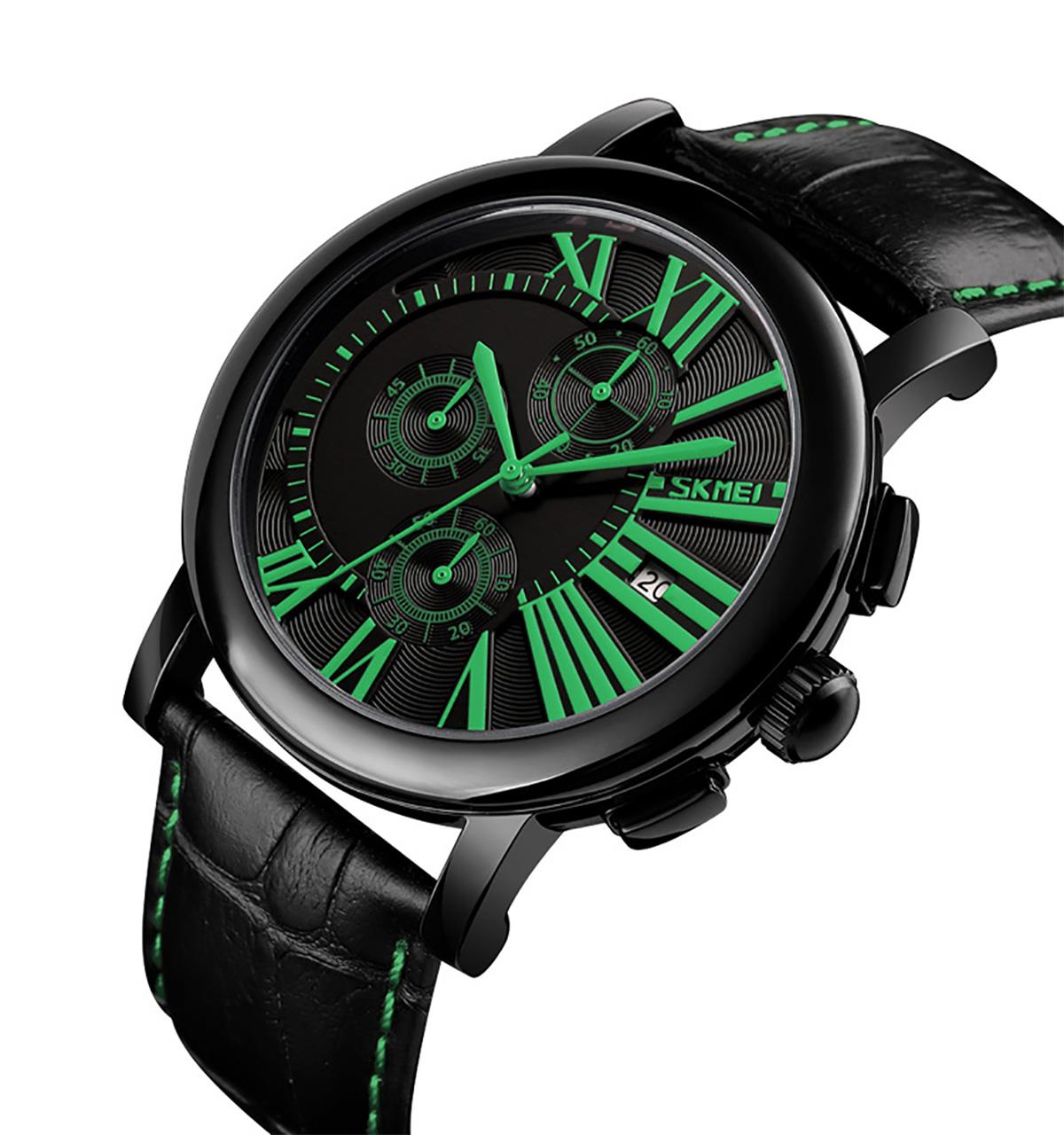 Skmei Mens Black Green Watch Chronograph Genuine Leather Strap Date Display SK9196GR