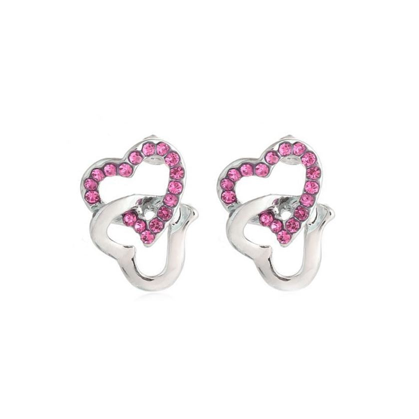 Silver Stud Earrings Pink Stones Chained Heart Love Jewellery from Charles William