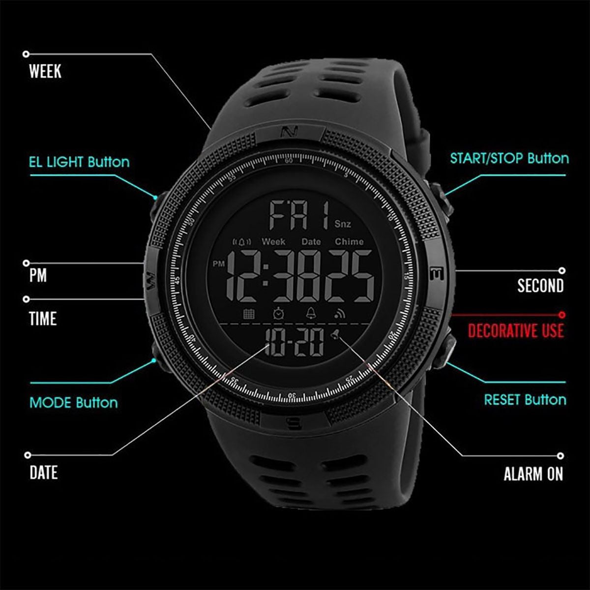 Skmei Mens Large Display Digital Watch Resin Strap Stopwatch Alarm DG1251