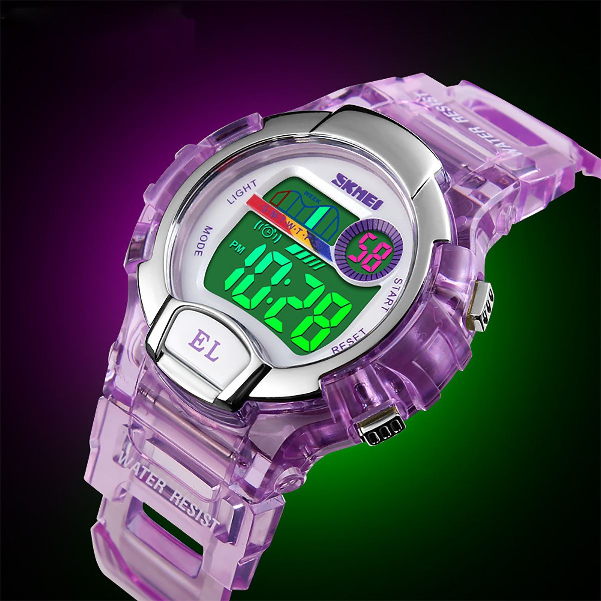 Skmei Kids Boys Girls Purple Digital Watch Transparent Strap Watch 50m Water Resistant Stopwatch Perfect For Ages 5-13