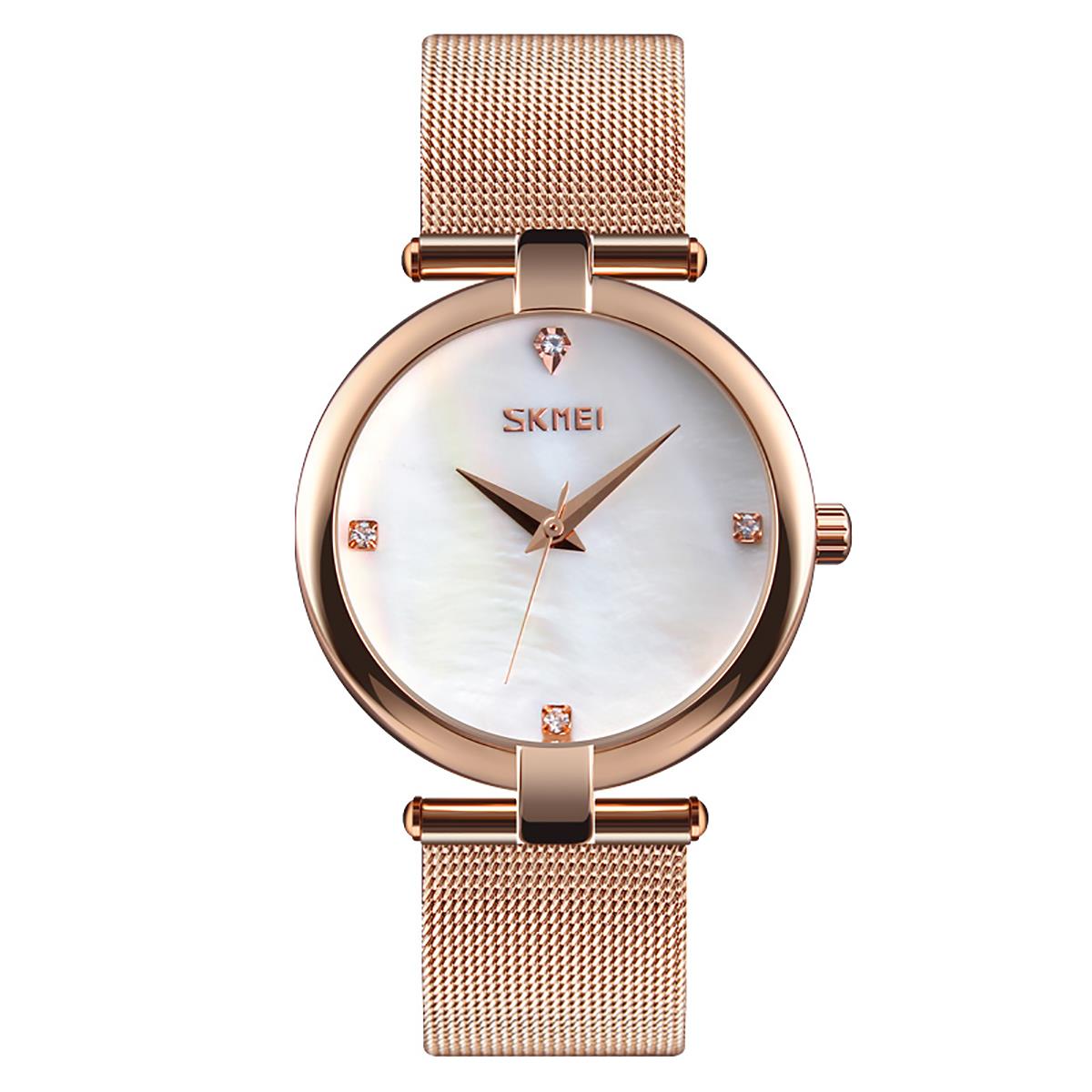 Skmei Women's Ladies Watch Rose Gold Mesh Chain Bracelet Strap Mother Of Pearl Dial