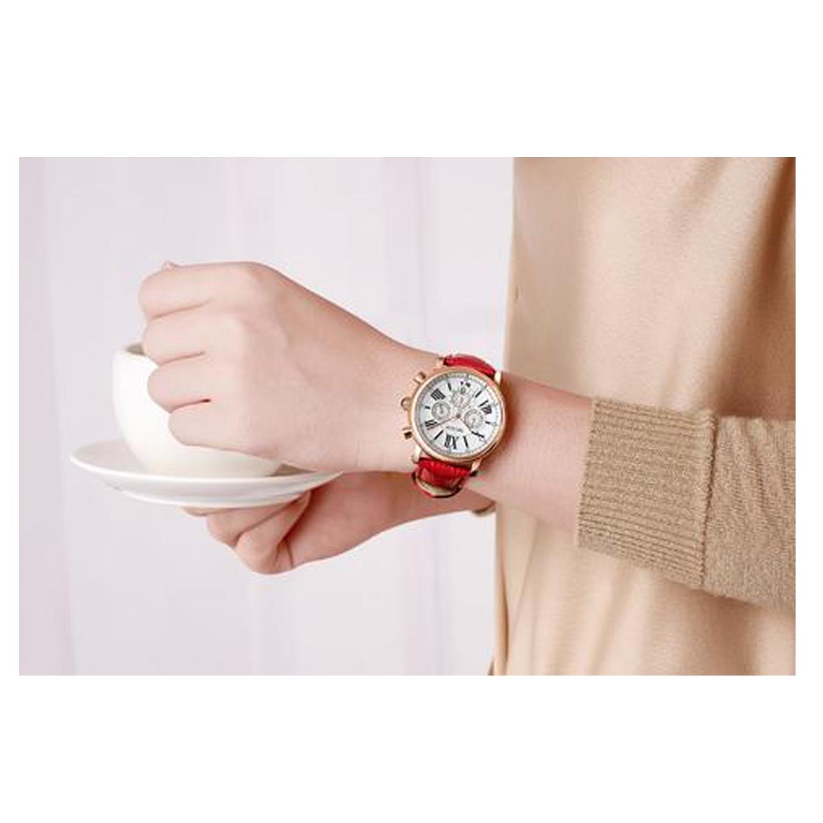 Megir Ladies Round Quartz Analogue Watch Red Rose Gold Smart Watches Leather