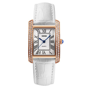 Skmei Women's Watch Classic Roman Genuine Leather Crystal Stones White Rose Gold