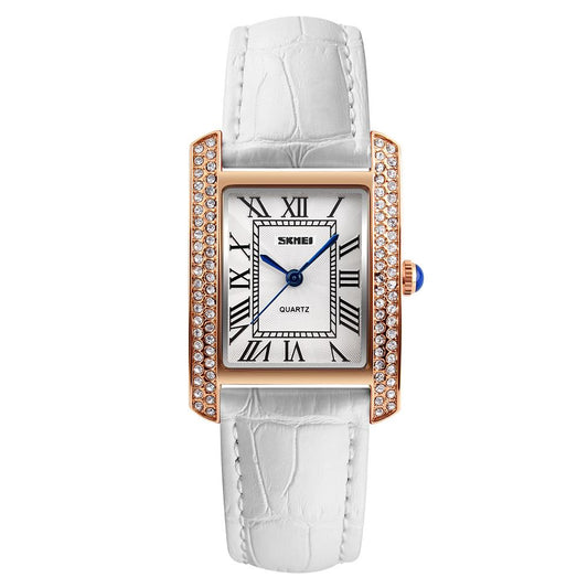 Skmei Women's Watch Classic Roman Genuine Leather Crystal Stones White Rose Gold