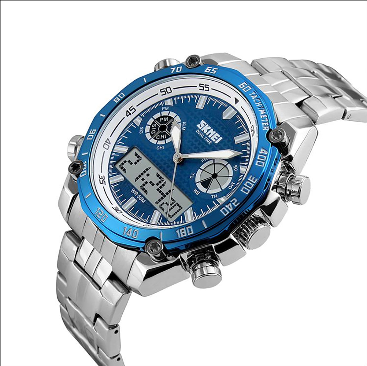 Skmei Blue Mens Dual Time Digital And Analogue Watch With Stainless Steel Strap AD1204BLU