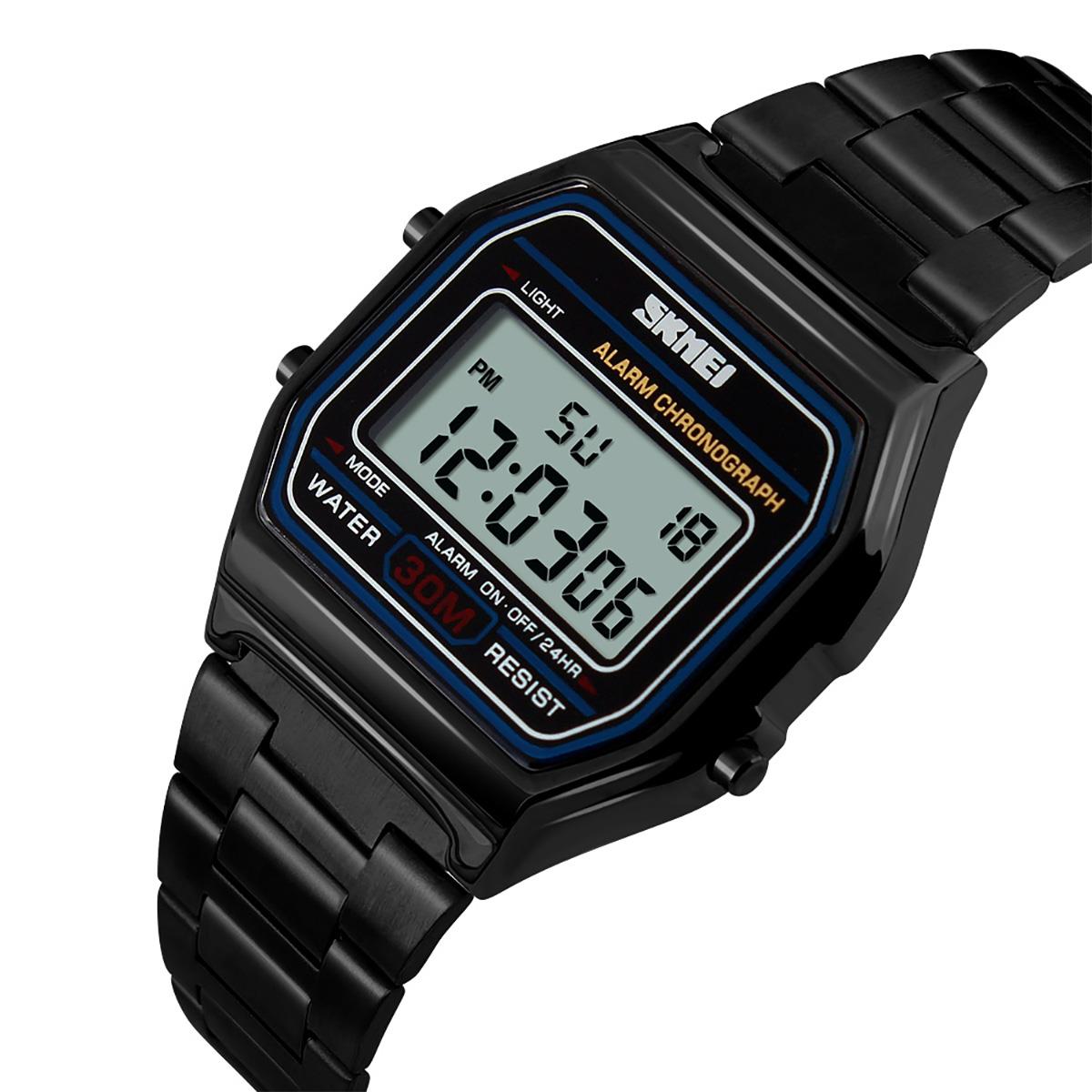 Skmei Mens Classic Clear Digital Watch Retro Alarm Metal Strap Date Black