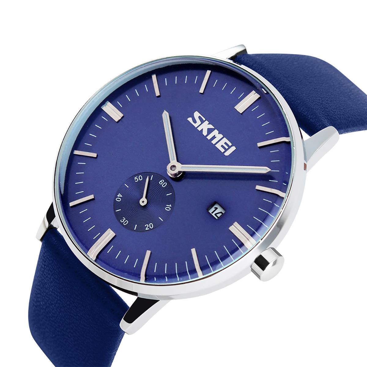 Skmei Mens Blue Classic Watch Genuine Leather Strap Date Display SK9083