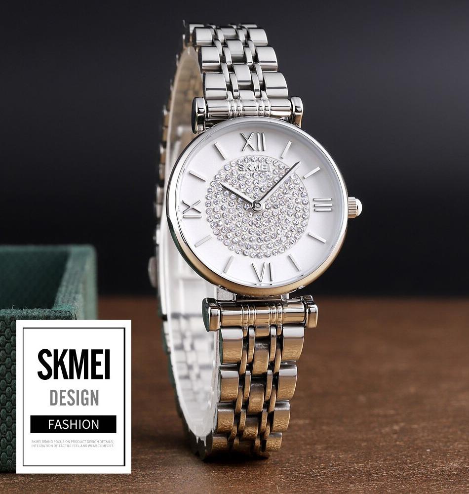 Skmei Women's Ladies Watch Classic Sparkle Clear Dial Crystal Stones Stainless Steel Strap