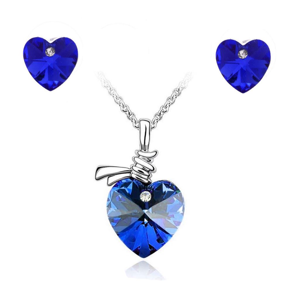 Women's Crystal Stone Love Heart Pendant Necklace & Earrings Gift Set UK