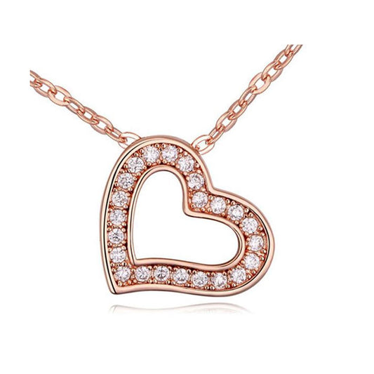 Women's Love Heart Pendant Necklace With Encrusted Crystal Stones Rose Gold UK BG1304