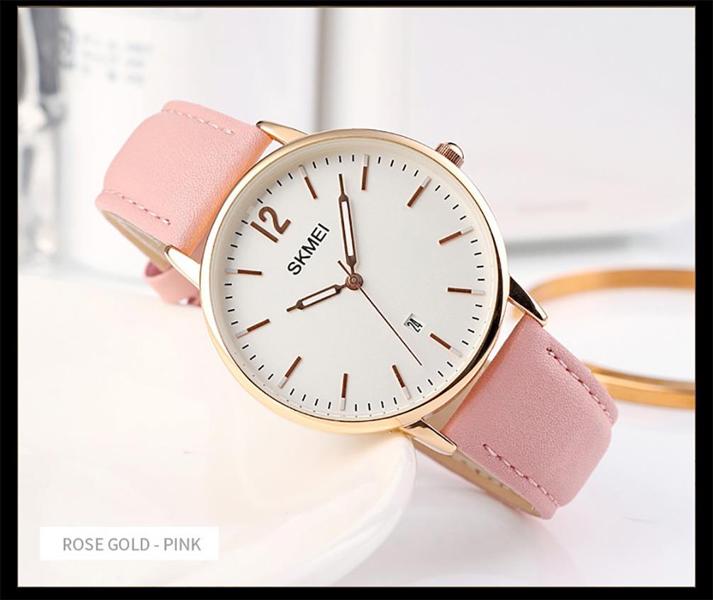 Skmei Women's Watch Classic Clear Dial Date Display Genuine Leather Strap Pink
