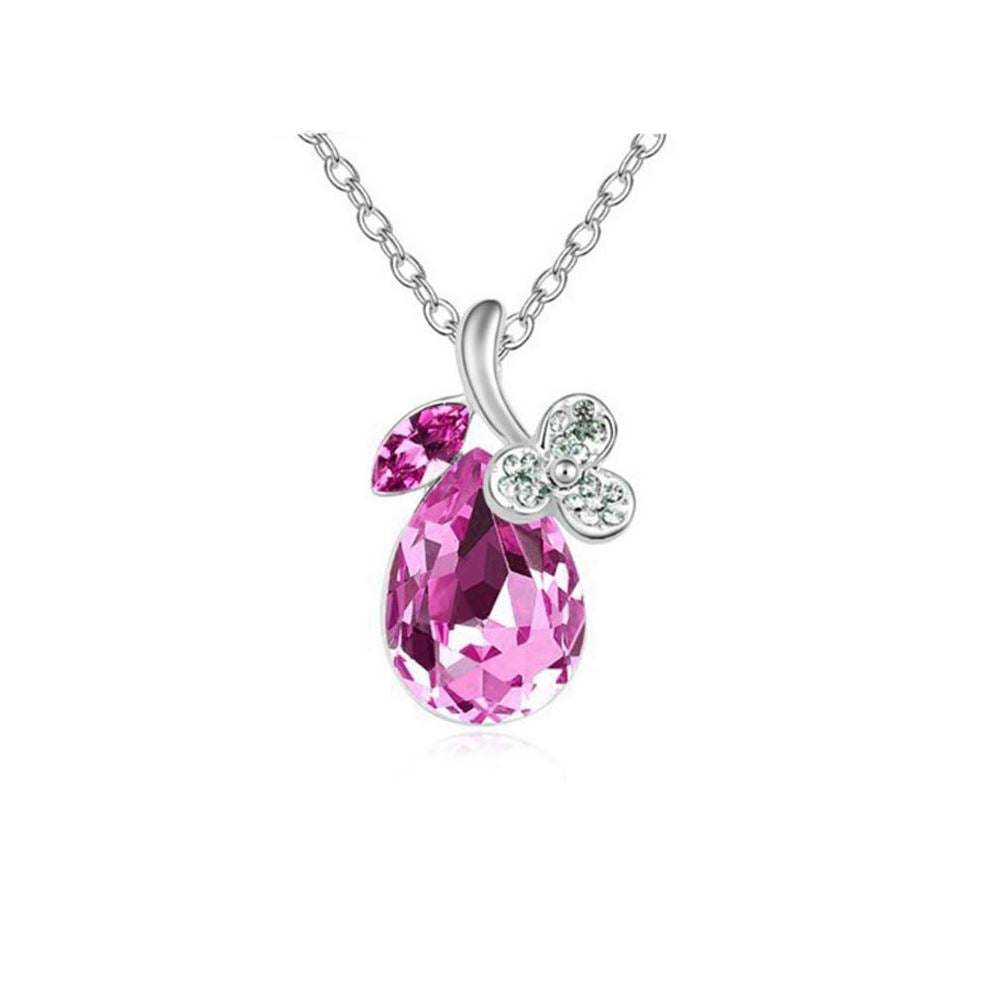 Women's Hot Pink Diamante Crystal Silver Tone Flower Petal Teardrop Pendant Necklace UK