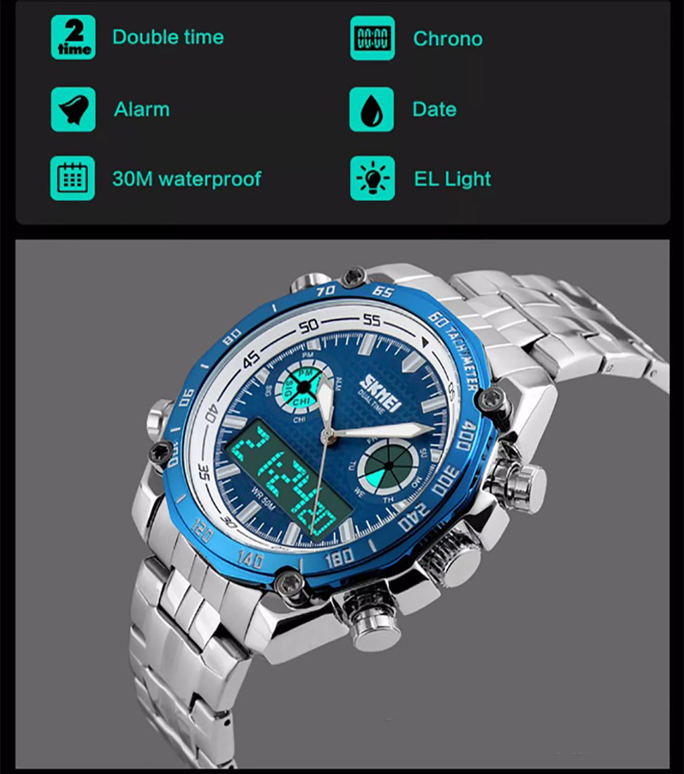 Skmei Blue Mens Dual Time Digital And Analogue Watch With Stainless Steel Strap AD1204BLU