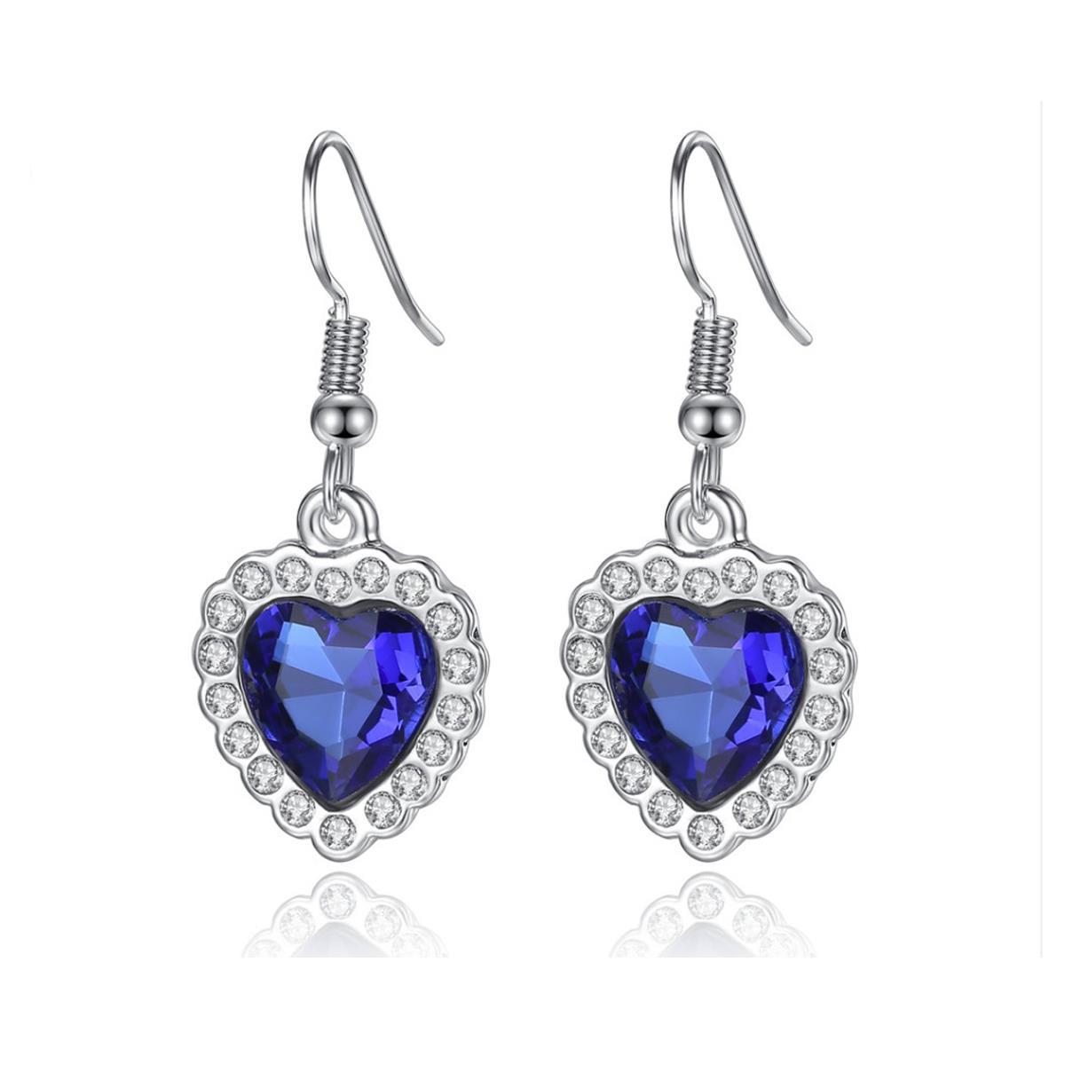 Women's Girls Blue Titanic Style Heart Ocean Necklace Earrings Set Crystal Elements