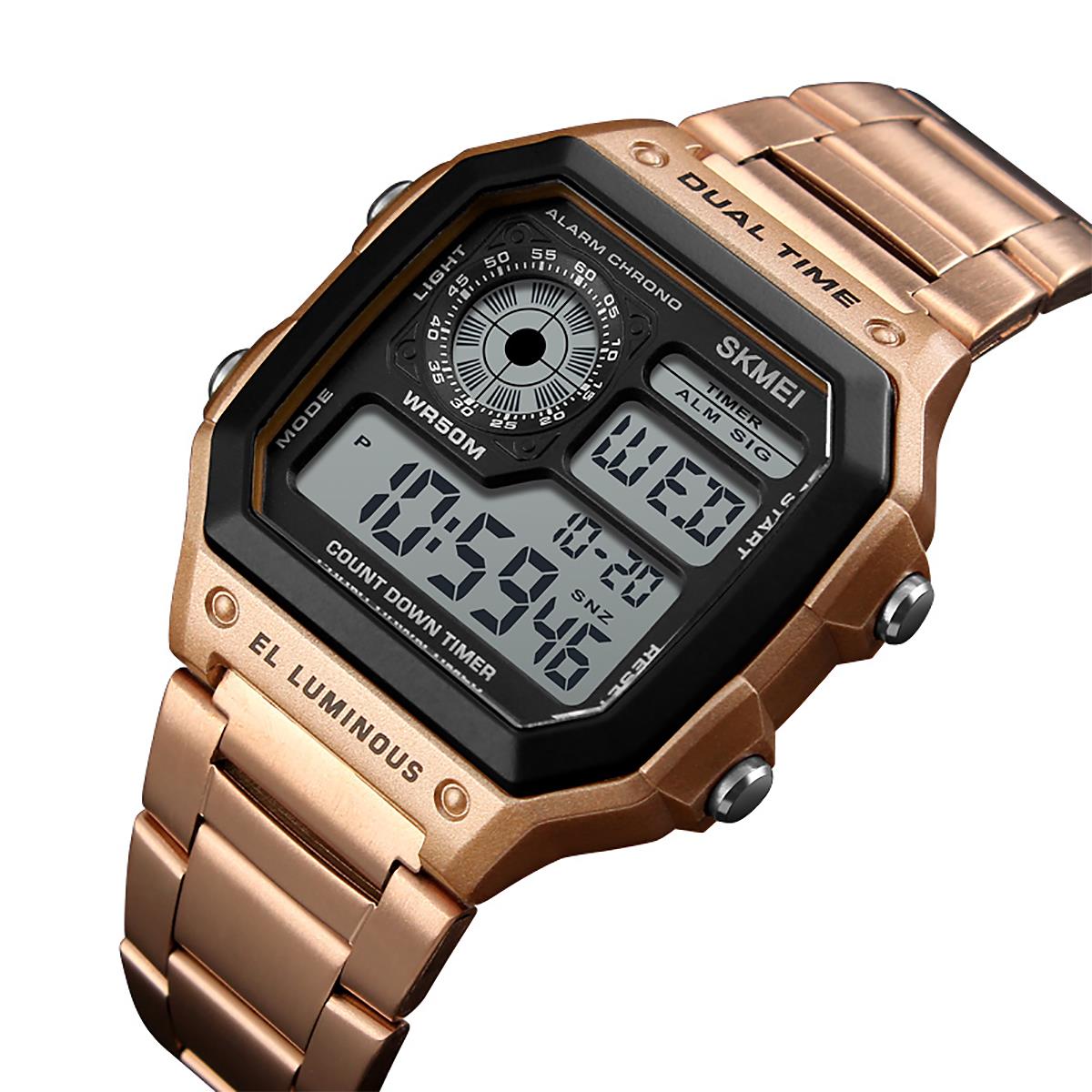 Skmei Rose Gold Smart Mens Digital Watch Clear Display Stainless Steel Strap Date Alarm Stopwatch DG1335G