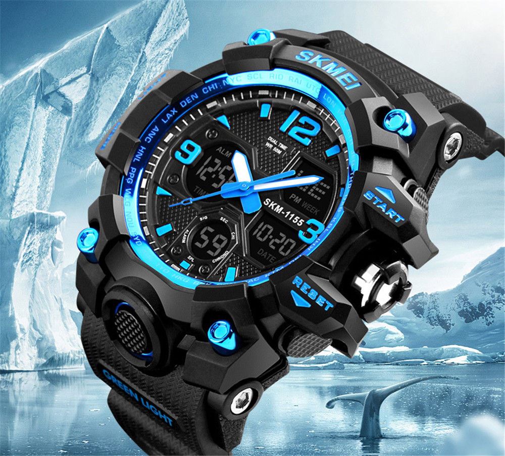 SKMEI Mens Large Dual Analogue And Digital Display Blue Watch Resin Strap Stopwatch Alarm DG1327BLU