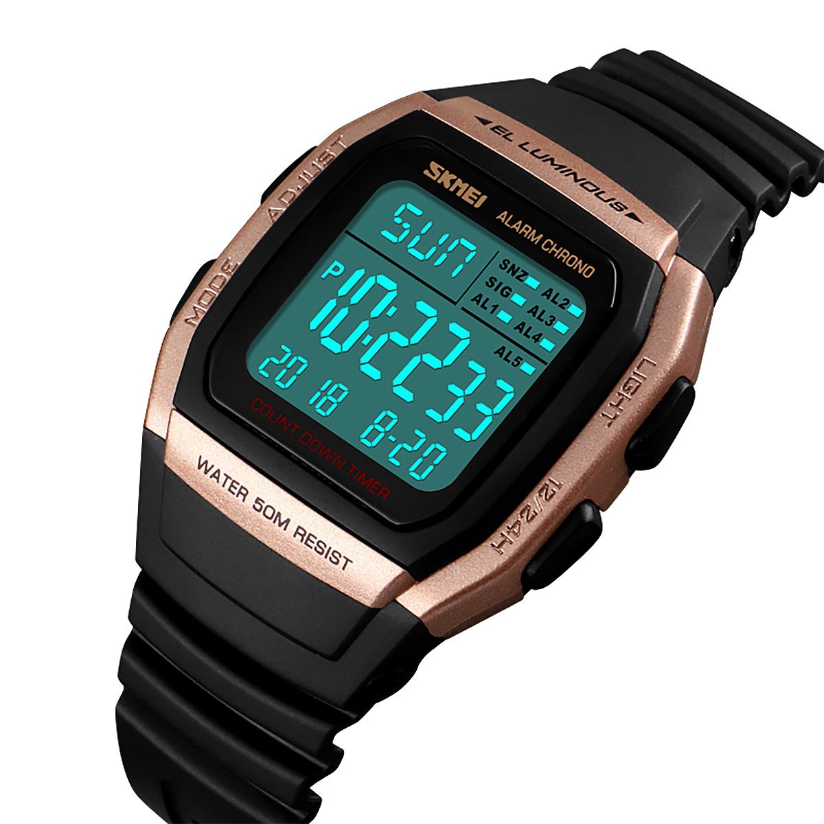 Skmei Mens Digital Clear Display Watch 5 Alarms Stopwatch Countdown Rose Gold