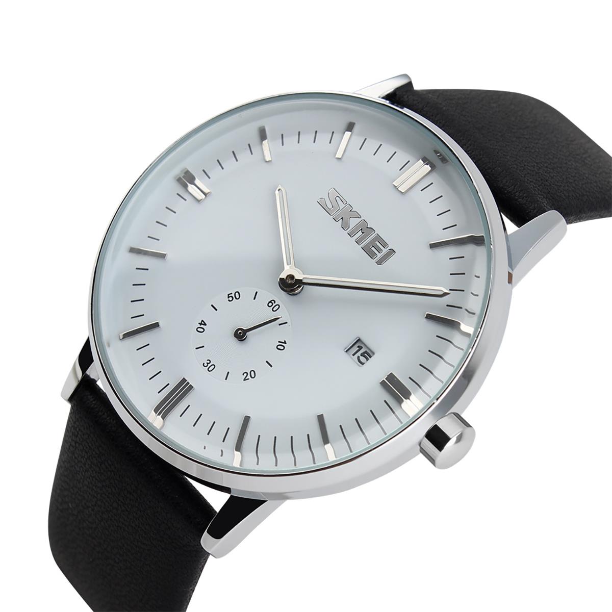 Skmei Mens White Classic Watch Genuine Leather Strap Date Display SK9083